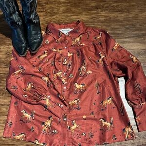 7am Women’s XL Rust Horse Print Button-Up Shirt Western Collard